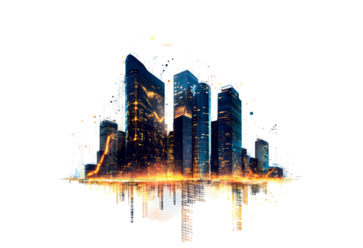 Futuristic city skyline with digital financial trends isolated on transparent background