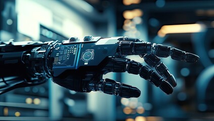 Close-up of a futuristic robotic hand with a digital display, reaching.