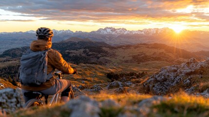Fototapeta premium Cyclist at Sunset Alpine Mountain Pass Winter Gear