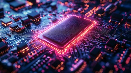 Innovative blockchain technology concept: pc circuit board chain with integrated cpu on a bold blue futuristic background