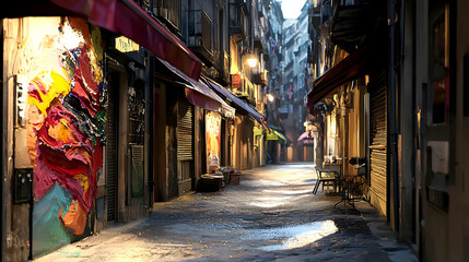 Fototapeta premium Early Morning Sunlight Illuminates A Narrow Cobblestone Street With Colorful Graffiti Art And Closed Shops In A European City