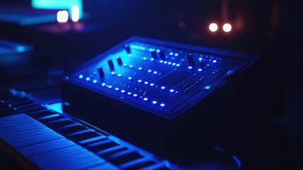 High-Tech Electronic Music Equipment with Blue LED Lights in a Dark Studio Environment for Producing Modern Sound Tracks