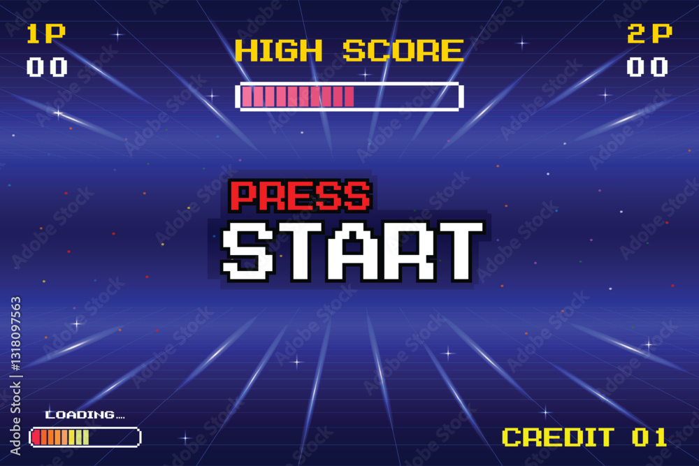 Wall mural press start. insert a coin to continue. pixel art. 8 bit game. retro futurism sci-fi background. glo