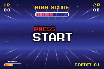 PRESS START. INSERT A COIN TO CONTINUE. pixel art. 8 bit game. Retro Futurism Sci-Fi Background. glowing neon grid. and stars from vintage arcade computer games