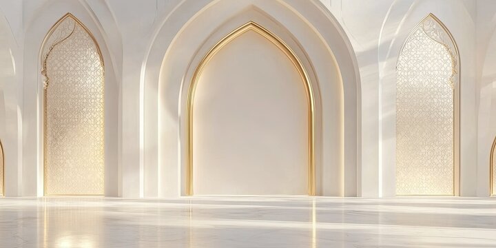 Elegant arched doorway with golden accents and soft lighting backdrop