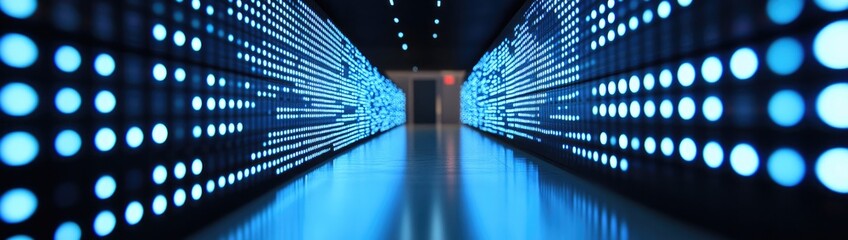 Futuristic blue data center corridor with glowing lights.