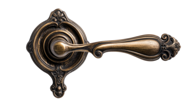 A close-up of an antique bronze door handle with a classic keyhole, isolated on transparent background, capturing the elegance and history of traditional design