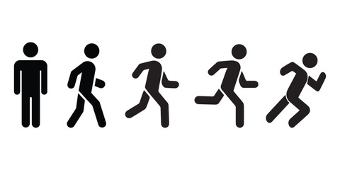 Set of black color pictograms. Person standing upright, walking, running, sprinting.