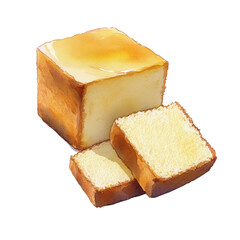 A gentle watercolor artwork of a Japanese-style castella sponge cake, golden and neatly sliced