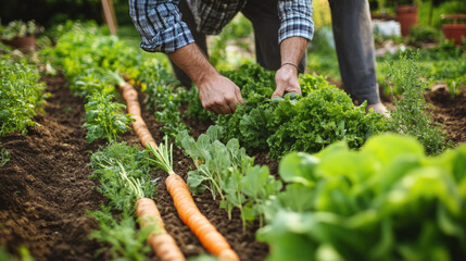 Gardener tending a vibrant vegetable garden.  Hands gently separating fresh lettuce leaves from the bed, surrounded by carrots and other healthy produce