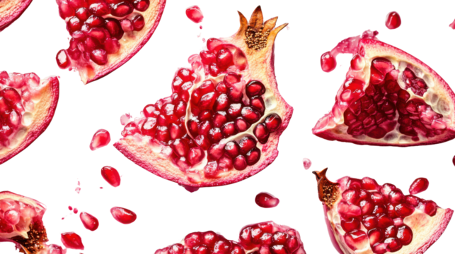 "A close-up of pomegranate pieces cut into wedges, isolated on transparent background, with sparkling juice droplets on the surface."