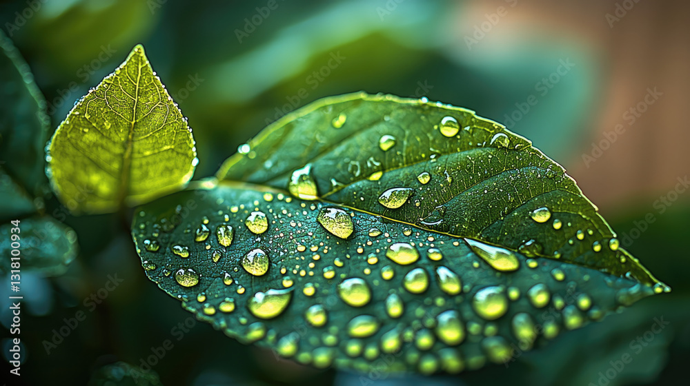 Poster lush green leaves adorned with shimmering water droplets create refreshing scene