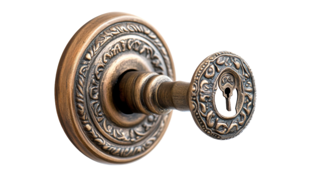 A close-up of an antique bronze door handle with a classic keyhole, isolated on transparent background, capturing the elegance and history of traditional design