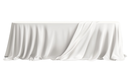 A classic white tablecloth draped over a long dining table, cut out and isolated on a transparent background, with graceful folds cascading down the sides.
