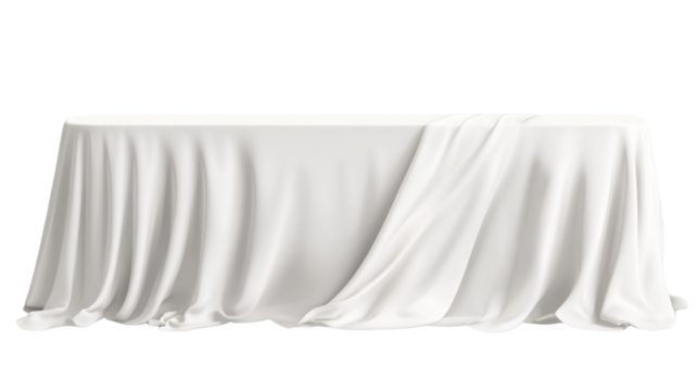 A classic white tablecloth draped over a long dining table, cut out and isolated on a transparent background, with graceful folds cascading down the sides.