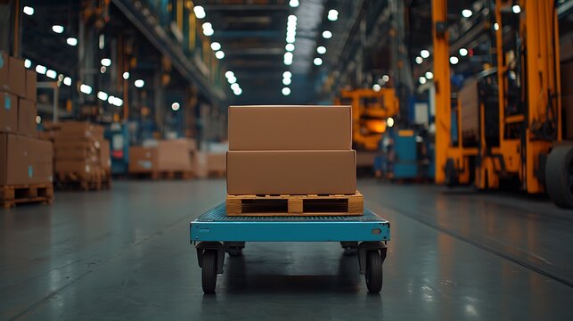 Industrial Setting with Blue Trolley and Cardboard Boxes in Warehouse