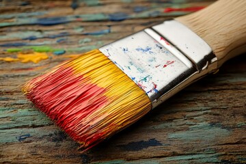 Fototapeta premium Close-Up View of Paintbrush with Vibrant Red and Yellow Bristles
