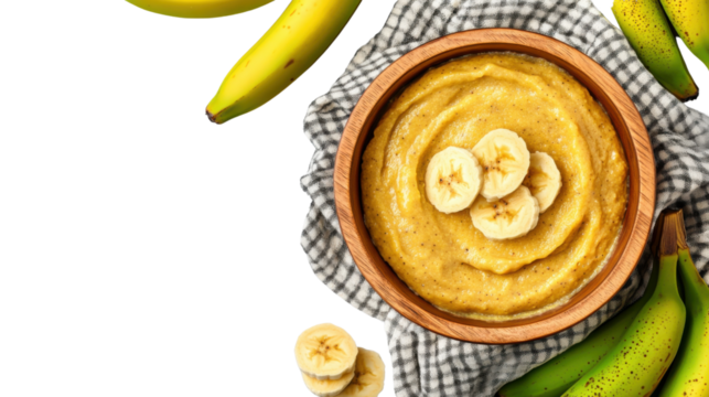 "A close-up view of banana batter in a wooden bowl, with green bananas and sliced banana pieces on a white olive background, isolated on transparent background, leaving space for any text addition.