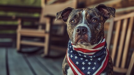 Adorable brown dog wearing patriotic bandana with stars and stripes sitting on wooden porch outdoors
