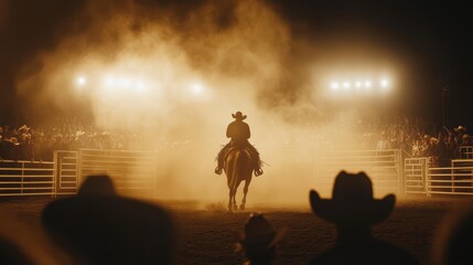 Cowboy Riding Horse Through Dusty Arena During Night Event with Spectators Under Bright Lights
