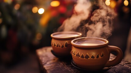 Fototapeta premium Warm ceramic cups filled with steaming hot beverage on a wooden surface during cozy evening with bokeh lights