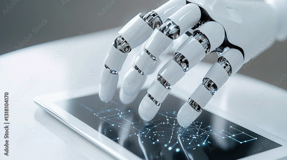Poster advanced robotic hand interacting with digital interface display