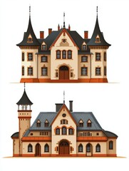 Fototapeta premium Two detailed illustrations of stately European-style mansions, each with intricate architectural features