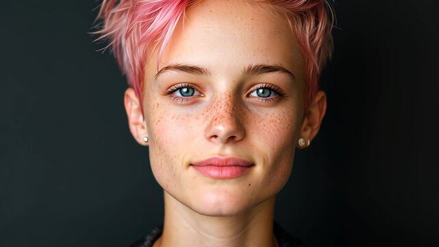 Pangender Individual with Pink Hair Against Dark Background Showcasing Diversity and Confidence in Fashionable Attire Illustration of Modern Identity Beauty and Style in Studio Portrait