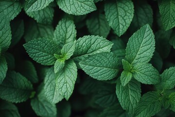Fresh Green Mint Leaves with Texture and Details in Natural Light for Culinary Use and Herbal Remedies