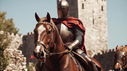Fototapeta premium Medieval Knight on Horseback in Front of Ancient Stone Castle