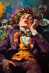 Fototapeta premium Black and Dark Academia style artwork and Oil Painting, home decor for moody and dark theme a painting of a man with a glass of wine