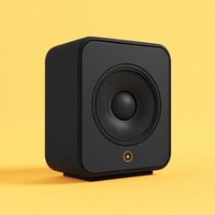 Obraz premium Compact Black Speaker with Circular Mesh and Minimalist Design Against a Bright Yellow Background for Modern Audio Equipment Display