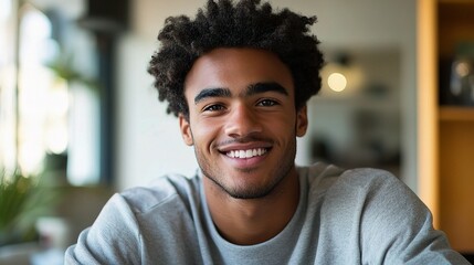 Young Man Smiling in Modern Workspace Exuding Confidence and Positivity