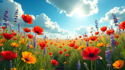 Naklejka premium Wildflower Meadow Under a Bright Sunny Sky with Puffy Clouds – A Perfect Natural Escape