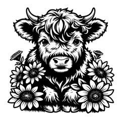 Highland Baby Calf Cow Sunflower Flower Animal