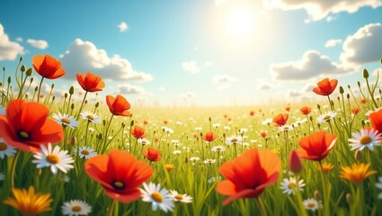 Fototapeta premium Summer Meadow with Red Poppies and White Daisies Under a Bright Sunlit Sky – A Nature Lover's Paradise