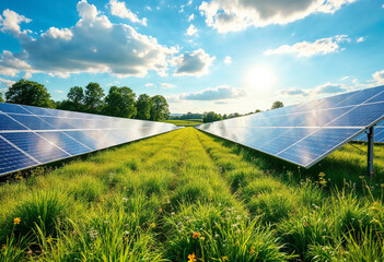 Solar Panels in a Lush Green Field Under a Blue Sky