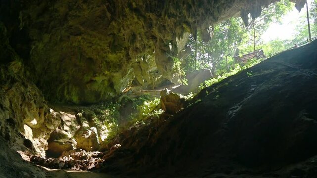 View of an entrance chamber of Thamluang cave in Mae Sai district of Chiang Rai province, Thailand seen from inside of the cave.
