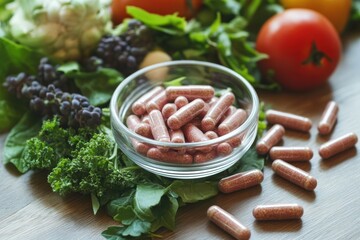 Natural Health Supplements Surrounded by Fresh Vegetables and Greens in a Bright Kitchen Setting