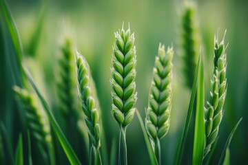 Close-up of Fresh Green Wheat Ears Under Soft Natural Light in a Field During Spring Season
