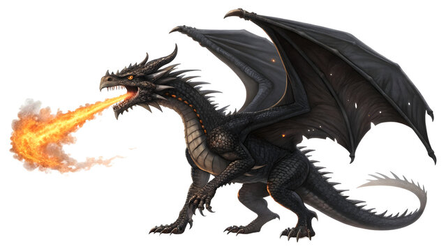 black dragon spitting fire isolated on white or transparent background, png