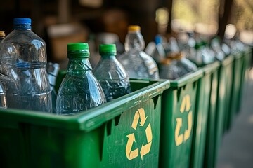 Plastic bottles arranged in a green recycling bin ready for processing