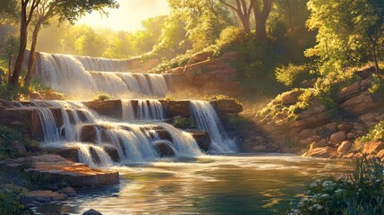 Serene waterfall cascading through sunlit forest, tranquil pool, nature background, ideal for travel brochures