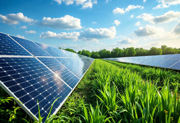 Solar Energy Farm in a Green Field Under a Bright Blue Sky
