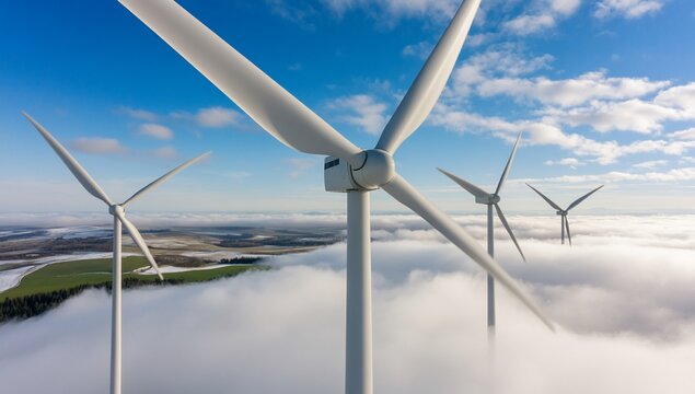 Wind turbines generating power over clouds, illustrating renewable energy use