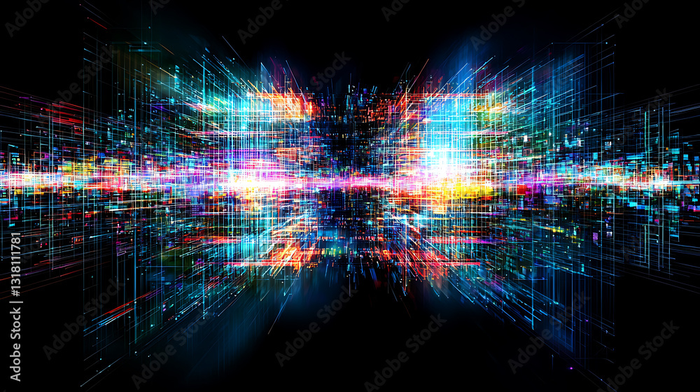 Poster dynamic digital light patterns virtual space abstract art cyber environment aerial view visual techn