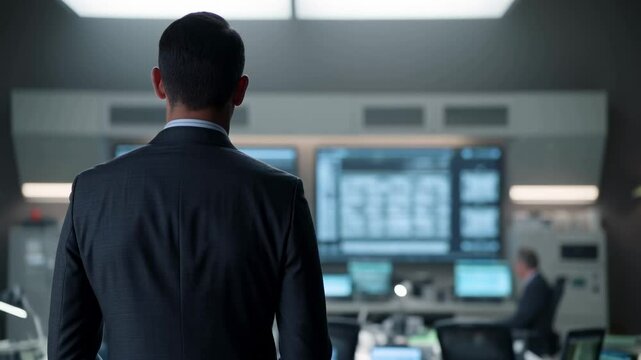A Professional Man in a Suit Observing Data Screens in a High-Tech Control Room - An Engaging Setting for Corporate Analysis and Monitoring