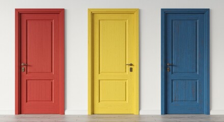 Three red, yellow, blue, wooden doors isolated on a white background