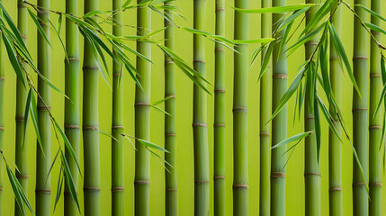 Fototapeta premium Vertical Green Bamboo Stems With Leaves Against Lime Green Background Showing Natural Texture and Repeating Pattern