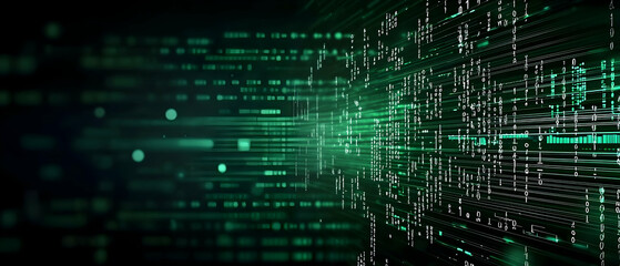 Abstract Green Binary Code Data Stream Flowing On Dark Background With Light Streaks